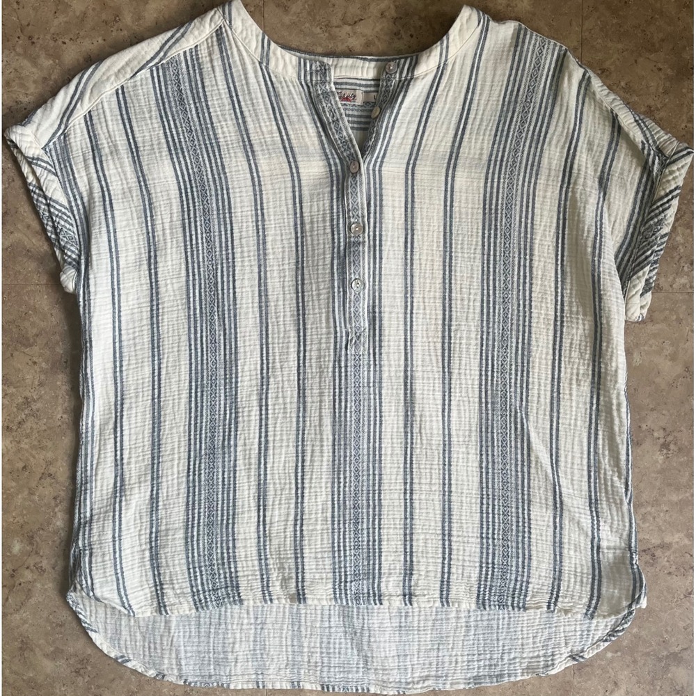 Faherty Womens Organic Cotton Gauze Henley Top Blue Cream Striped Blouse Large - Picture 2 of 8